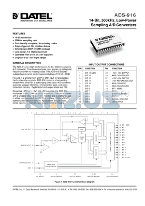 ADS-B916/917 datasheet - 14-Bit,500kHz, low-power sampling  A/D converter