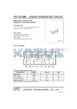 UTCTA7738P datasheet - Amplifier system for cassette tape recorder