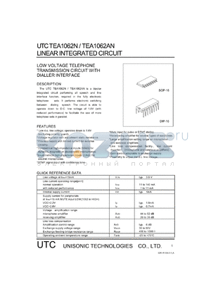 UTCTEA1062AN datasheet - Low voltage telephone transmission circuit with dialler interface