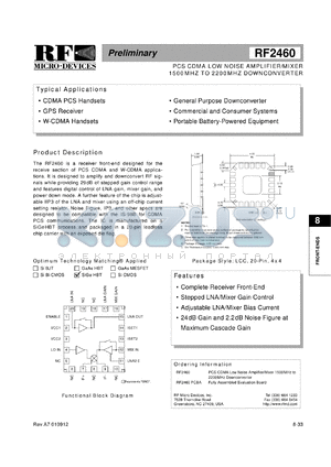 RF2460PCBA datasheet - PCS CDMA low noise amplifier/mixer 1500MHz to 2200MHz downconverter