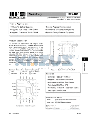 RF2461PCBA datasheet - CDMA/FM low noise amplifier/mixer 900MHz downconverter