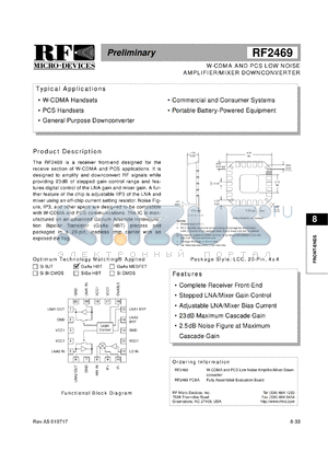 RF2469PCBA datasheet - W-CDMA and PCS low noise amplifier/mixer  downconverter