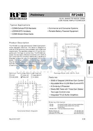 RF2489PCBA datasheet - Dual-band/TRI-mode CDMA low noise amplifier/ mixer