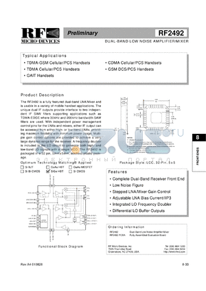 RF2492PCBA datasheet - Dual-band low noise amplifier/ mixer
