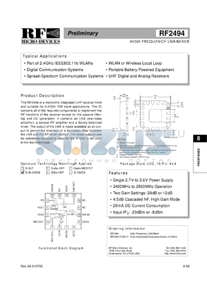 RF2494PCBA-H datasheet - High frequency LNA/ mixer