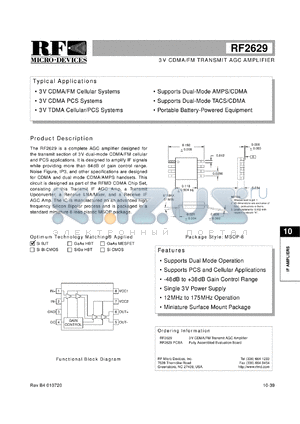RF2629PCBA datasheet - 3V CDMA/FM transmit AGC amplifier