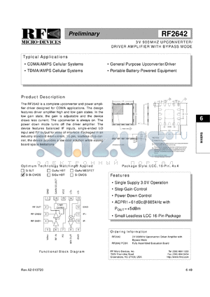 RF2642PCBA datasheet - 3V 900MHz upconverter/driver amplifier with bypass mode