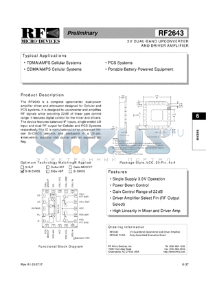 RF2643PCBA datasheet - 3V dual upconverter and driver amplifier