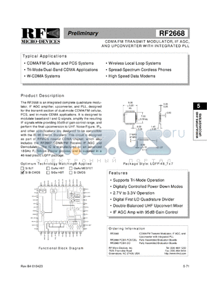 RF2668PCBA-DO datasheet - CDMA/FM transmit modulator, IF AGC and upconverter with integrated PLL