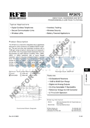 RF2670PCBA datasheet - 8MHz dual baseband AGC with programmable low pass filtering