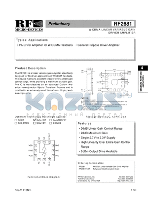 RF2681PCBA datasheet - W-CDMA linear variable gain driver amplifier