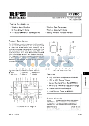 RF2905PCBA-L datasheet - 433MHz FM/FSK/ASK/OOK transceiver