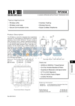 RF2938TR13 datasheet - 2.4GHz spread-spectrum transceiver