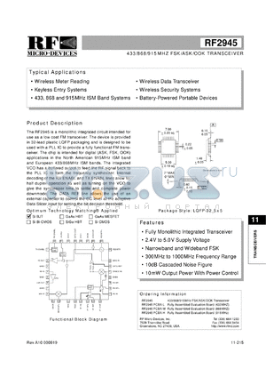 RF2945PCBA-H datasheet - 915MHz FSK/ASK/OOK transceiver