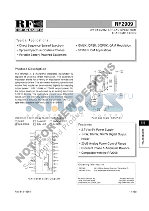 RF2909PCBA datasheet - 3V 915MHz spread-spectrum transmitter IC