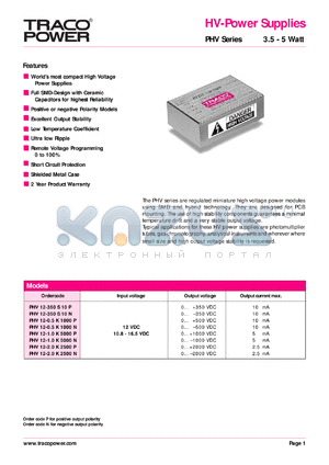 PHV12-2.0K2500P datasheet - 3.5-5 Watt, input voltage range:12V, output voltage 2000V (2.5mA) HV-power supplie