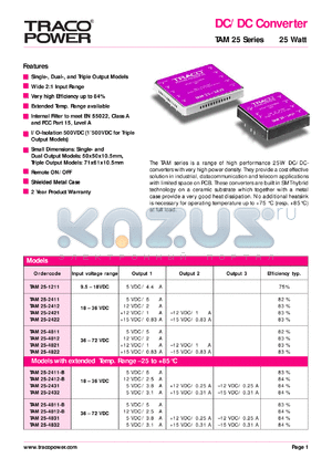 TAM25-4811B datasheet - 25 Watt,  input voltage range:36-72V, output voltage 5V (5A) DC/DC converter