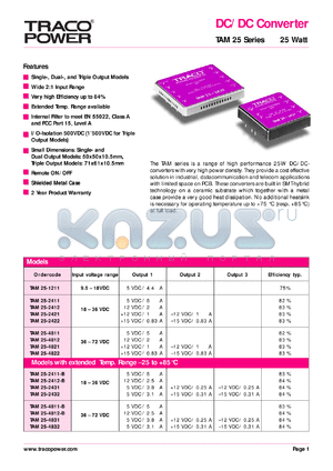 TAM25-4812B datasheet - 25 Watt,  input voltage range:36-72V, output voltage 12V (2.5A) DC/DC converter