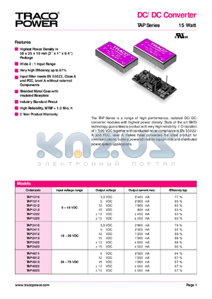 TAP4811 datasheet - 15 Watt,  input voltage range:36-75V, output voltage 5V (2.5A) DC/DC converter
