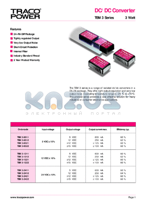 TEM3-0511 datasheet - 3 Watt,  input voltage range:5V, output voltage 5V (600mA) DC/DC converter