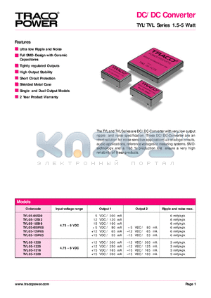 TYL05-12W08 datasheet - Input voltage range:4.75-6V, output voltage +/-5V (+/-80mA) DC/DC converter