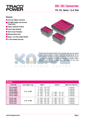 TYL05-1225 datasheet - Input voltage range:4.75-6V, output voltage +/-12V (+/-250/125mA) DC/DC converter