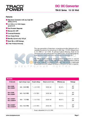 TSI-3.3S6ROP datasheet - Input voltage range:4.8-7.5V, output voltage 2.8-3.3V (6A) DC/DC converter