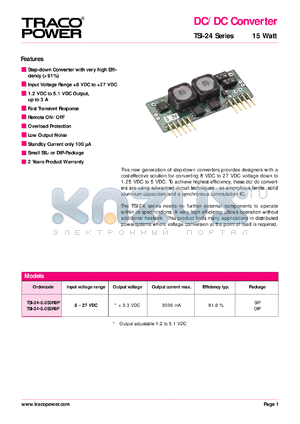 TSI-24-5.0S3ROP datasheet - 15 Watt, input voltage range:8-27V, output voltage 3.3V (3A) DC/DC converter