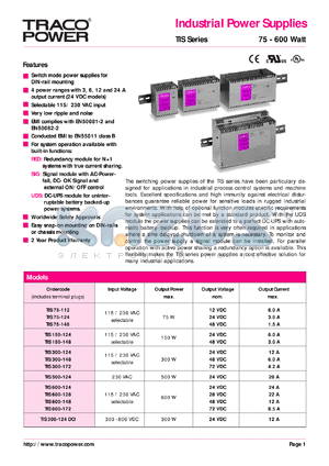 TIS500-124 datasheet - 500 Watt, input voltage range:230V,output voltage 24V (20A) industrial power supplie