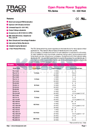 TOL50-24 datasheet - 50 Watt, input voltage range: 85-264V, output voltage 24V (2.2A), open frame power supplier