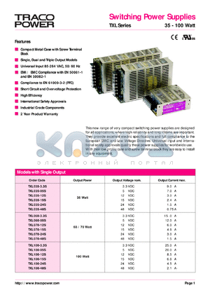 TXL060-0524D datasheet - 60 Watt, input voltage range: 85-264V, output voltage 5/24V (6/2.2A),switching power supplier