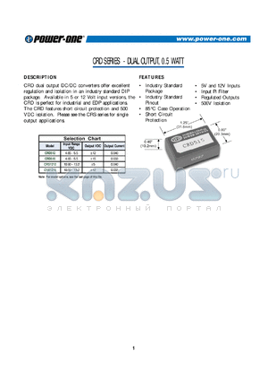CRD1212 datasheet - 0.5 Watt, input voltage range:10.90-13.2V, output voltage +/-5V (0.04A) DC-DC converter