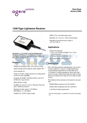 1340CNPC datasheet - 1340-type lightwave receiver. OC-12/STM-4 receiver versions. Connector SC.