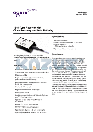 1345CAPD datasheet - 1345-type receiver with clock recovery and data remiting. OC-3/STM-1 receiver versions. Pin 10 requirements: requires +5V or -5V. Connector SC.