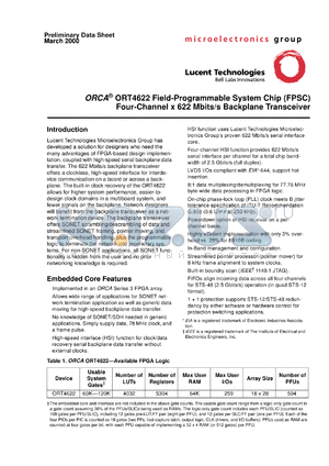 ORT4622BC432 datasheet - ORCA feild-programmable system chip four-channel x 622 Mbits/s backplane transceiver