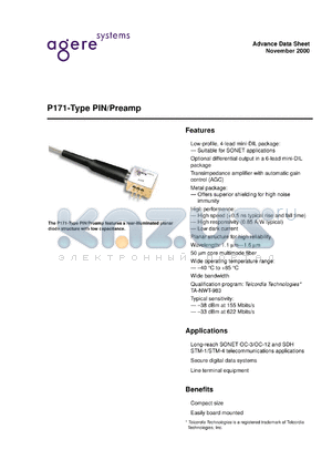 P171B016BAA datasheet - P171-type PIN/Preamp. 155 MHz preamp, LR, 50 microm fiber, SC