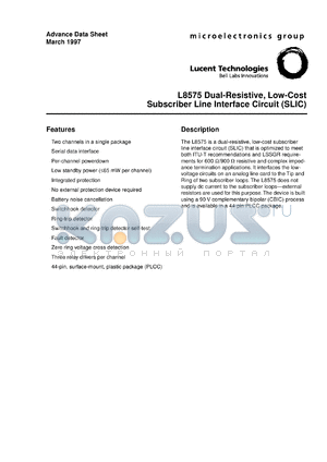 LUCL8575BR datasheet - Dual-resistive, low-cost subscriber line interface circuit (SLIC).