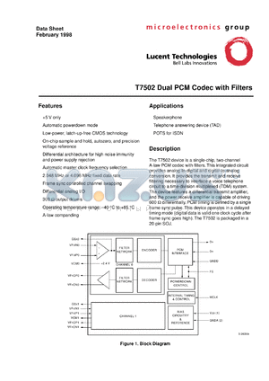 T7502 datasheet - Dual PCM codec with filters.