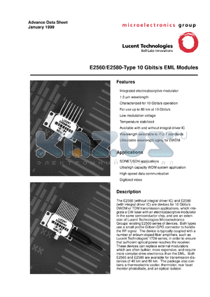 E2580 datasheet - 10 Gbits/s EML module. GPO connector RF input.