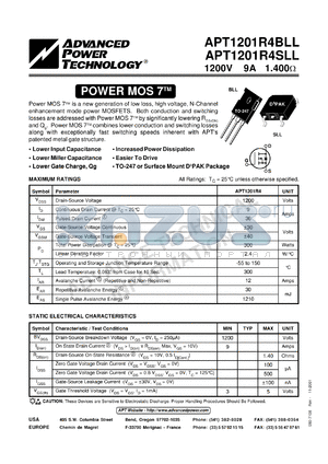 APT1201R4BLL datasheet - 1200V, 9A power MOS 7 transistor
