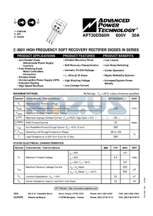 APT30DS60H datasheet - 600V, 30A high frequency soft recovery rectifier diode