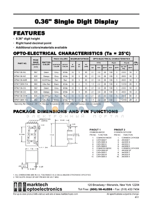 MTN7136M-11C datasheet - 0.36 inches single digit display. Peak wavelength 660 nm. Emitted color ultra red. Surface color black. Epoxy color wtite.