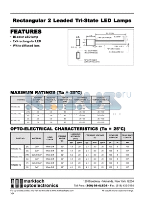 MT2035-RG datasheet - Rectangular 2 leaded tri-state LED lamp. Lens color white diff. Peak wavelength (nm) 700(R), 567(G). Luminous intensity typ.(mcd) @ 20mA 1.8(R), 4.5(G).