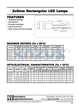 MT1152RG datasheet - 2x5mm rectangular LED lamp. Lens color red diff. Peak wavelength 700 nm. Lumin. inten.(mcd) @ 20 mA: 1.7(min), 2.9(typ).