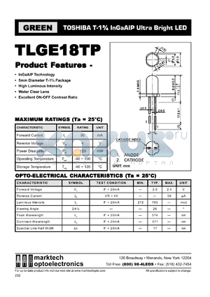 TLGE18TR datasheet - T-1.75 InGaAIP ultra bright LED lamp. Luminous intensity (mcd): 272(min), 700(typ). Peak wavelength 574 nm.