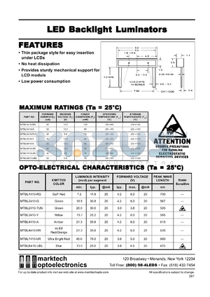 MTBL2410-G datasheet - LED backlight luminator. Peak wavelength 567 nm. Lens color green. Luminous intensity(mcd) @20mA: 18.5(min), 30.9(typ).