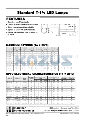 MT3118-Y datasheet - Standard T-1.75 LED lamp. Lens color yellow diff. Luminous intensity(mcd): 5.8(min), 65(typ) @20mA. Peak waveiength 585 nm.