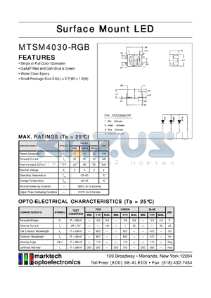 MTSM4030-B datasheet - Surface mount LED. Color blue. Luminous intensity (mcd) 200(min), 280(max). Peak emission wavelength 475 nm.