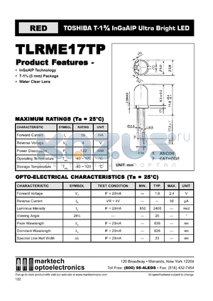TLRME17TR datasheet - TOSHIBA T-1.75 InGaAlP ultra bright LED. Color red. Lens color water clear. Peak wavelength 636 nm.