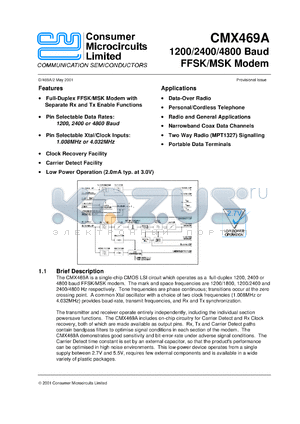 CMX469AD3 datasheet - 1200/2400/4800 baud FFSK/MSK modem